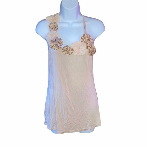 Unknown Tops - Champagne Rosette Halter Top Beige Satin Floral Embellished Tank S 11767